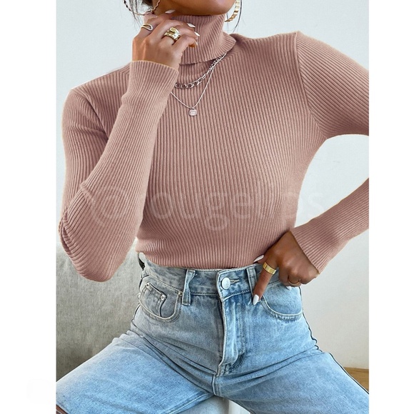 Dusty Pink Sweater Top Rib-Knit High Neck Turtleneck Long Sleeve - Picture 4 of 8